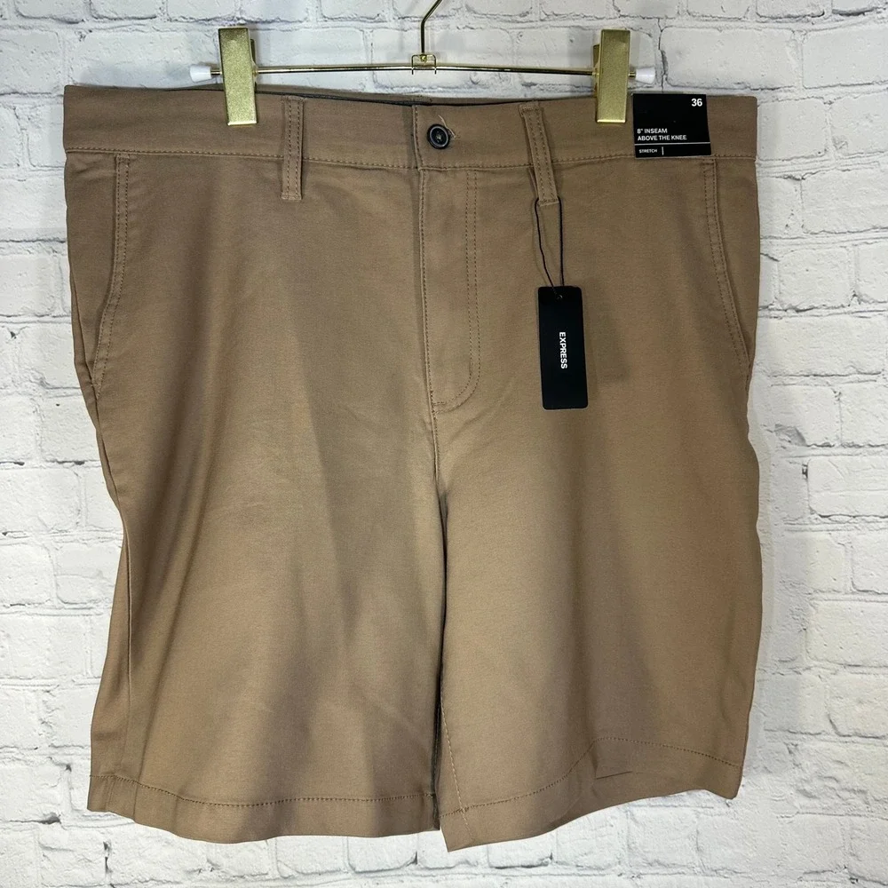 New Express Mens Dark Khaki Stretch Shorts 8 Inch Inseam Size 36 MEX615MM